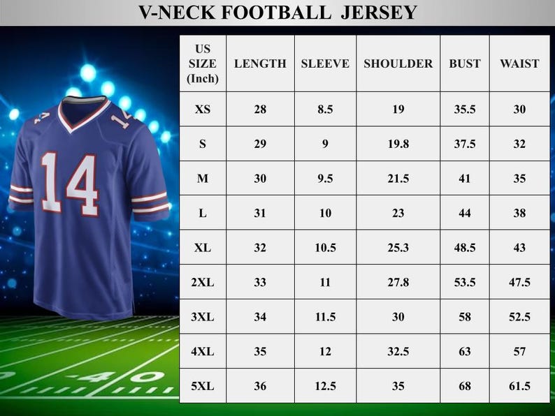 May include: A size chart for a V-neck football jersey. The chart shows the US size, length, sleeve, shoulder, bust, and waist measurements in inches for sizes XS to 5XL.