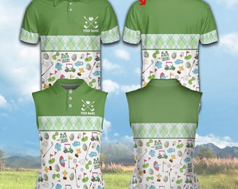 Puede incluir: Camisas polo y camisetas sin mangas de golf verdes con un patrón de rombos blanco e ilustraciones con temática de golf. Las camisas tienen el texto "YOUR NAME" y un logotipo de palo de golf.