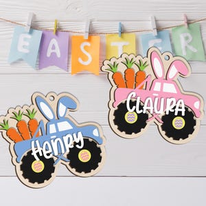 Personalisierter Name Monstertruck Osterkorb Tag, benutzerdefinierte Farbe Hase Ostertruck Holzanhänger, Frühlingskorb Namen Charm, Kinder Ostergeschenk