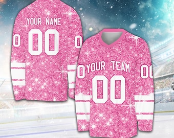 Camisa de hóquei no gelo com glitter falso personalizada, camisa de hóquei com nome e número personalizados, camisa de time de hóquei, traje para dia de jogo para fãs de hóquei, amantes de hóquei