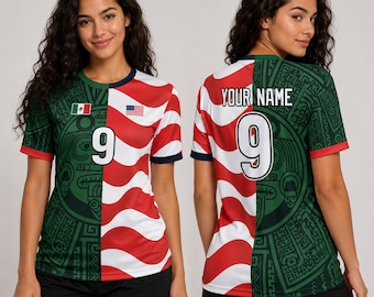 Camisa de futebol personalizada com nome, México e EUA, camisa mexicana-americana personalizada, presente com o calendário asteca, camisa de orgulho nacional mexicano