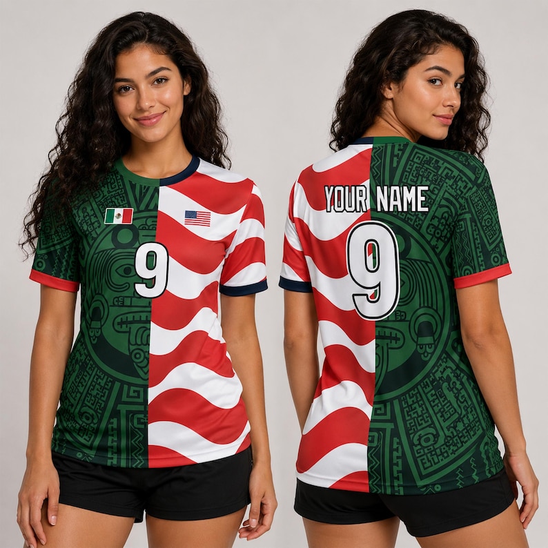 May include: A short-sleeved jersey featuring a split design with a green Aztec-inspired pattern on one side and red and white wavy stripes on the other. The front displays the number 9 and two small flags, while the back shows the number 9 and text.