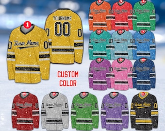 Camisa de hóquei no gelo personalizada com glitter falso, camisa de hóquei com nome e número personalizados, uniforme para o dia do jogo do time de hóquei, ideal para fãs e amantes do hóquei.