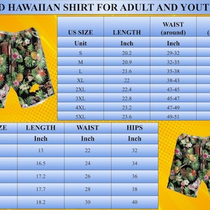 May include: A pair of black shorts featuring a tropical print with pineapples, hibiscus flowers, and a pig character, accompanied by two sizing charts displaying US sizes, length, waist, and hip measurements in inches for adults and youth.