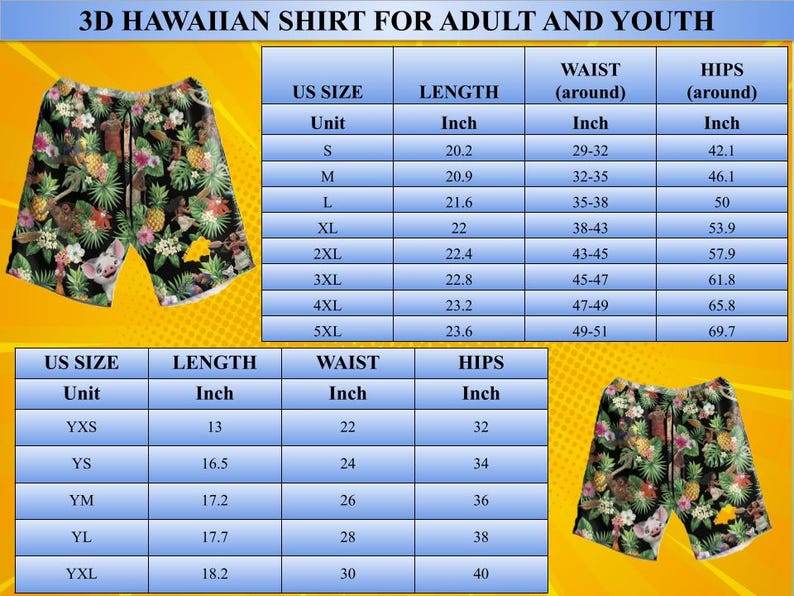 May include: A pair of black shorts featuring a tropical print with pineapples, hibiscus flowers, and a pig character, accompanied by two sizing charts displaying US sizes, length, waist, and hip measurements in inches for adults and youth.