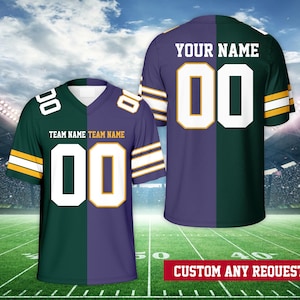 May include: Two football jerseys, one green and purple, the other purple and green. Each jersey has the number "00" in white with gold trim. The text "TEAM NAME" is above the number on the front. The text "YOUR NAME" is above the number on the back. The bottom of the image reads "CUSTOM ANY REQUEST".