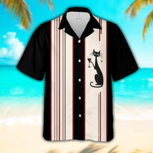Mid Century Modern Black Cat Hawaiian Shirt, Retro 1950s Bowling Shirt, Vintage Style Cat Wine Button Up Shirt, Atomic Age Summer Camp Shirt