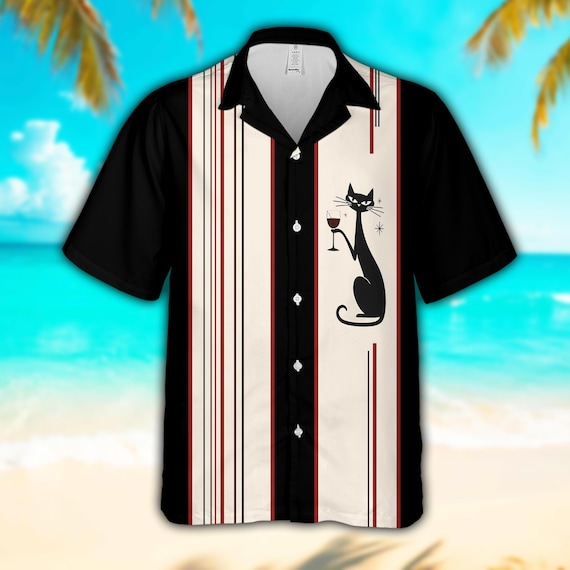 Mid Century Modern Black Cat Hawaiian Shirt, Retro 1950s Bowling Shirt, Vintage Style Cat Wine Button Up Shirt, Atomic Age Summer Camp Shirt