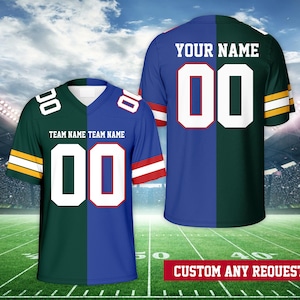 May include: A custom football jersey with a split design. One side is green with yellow stripes and the other side is blue with red stripes. The jersey has a white number "00" on the front and the text "YOUR NAME" above the number. The text "TEAM NAME TEAM NAME" is below the number.