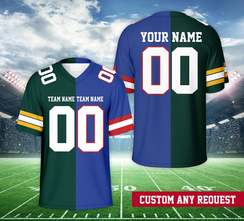 May include: A custom football jersey with a split design. One side is green with yellow stripes and the other side is blue with red stripes. The jersey has a white number "00" on the front and the text "YOUR NAME" above the number. The text "TEAM NAME TEAM NAME" is below the number.