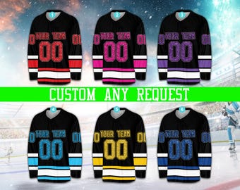 Camisa de hóquei no gelo personalizada com glitter falso, nome e número, camisa de hóquei colorida personalizada, camisa de time de hóquei, roupa para o dia do jogo para fãs de hóquei