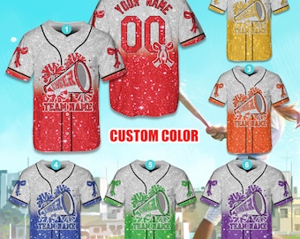 Camisa de beisebol personalizada com estampa de glitter e laço de coquete, camisa de líder de torcida com nome personalizado para líder de torcida, mãe de torcida, time de torcida