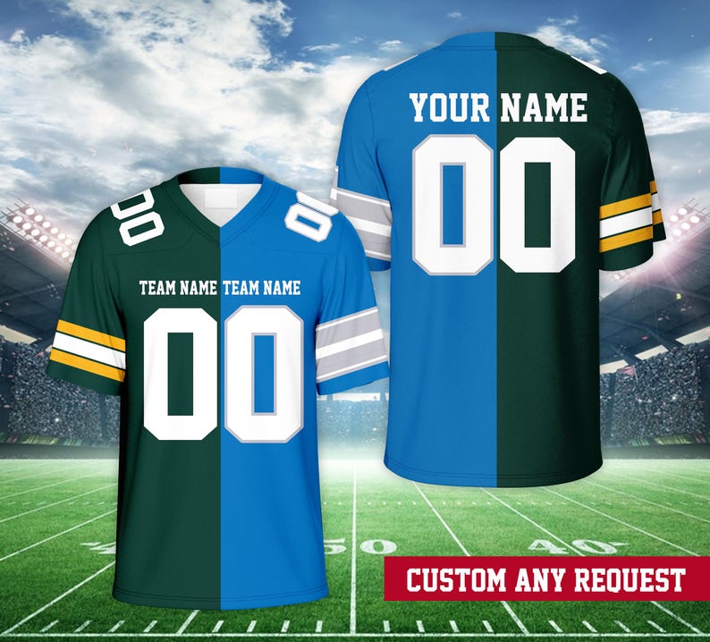 May include: A custom football jersey with a split design. The left side is green with yellow trim and the right side is blue with silver trim. The jersey has a white number "00" on the front and the text "TEAM NAME TEAM NAME" above the number. The jersey also has the text "YOUR NAME" and the number "00" on the back. The jersey is on a green field with white lines.