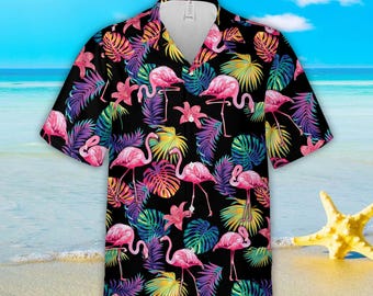 Camisa hawaiana con flamencos tropicales para hombres y mujeres, camisa con botones con flamencos rosados y follaje colorido para amantes de los flamencos, camisa hawaiana con flamencos