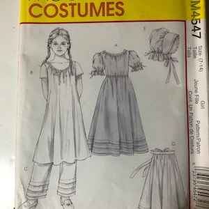 May include: A vintage McCall's Costumes sewing pattern for girls. The yellow and white package features illustrations of a dress, pants, skirt, and bonnet. The pattern number is M4547, and the size range is 7-14.