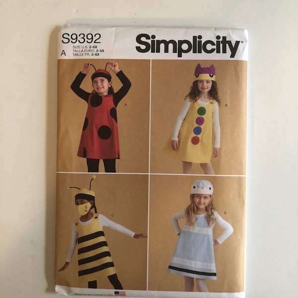 Simplicity 9392 Children’s Costume Pattern. Bumble Bee, Ladybug and More. Jumpers, Hats and Face Masks. Sizes 2-6X