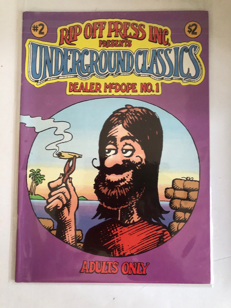 May include: A comic book cover with a purple background. The title is "Rip Off Press Inc. Presents Underground Classics" and the subtitle is "Dealer McDope No. 1". The cover features a cartoon of a man with long brown hair and a beard, holding a joint. The text "Adults Only" is at the bottom of the cover.