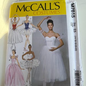May include: A McCall's Costumes sewing pattern envelope M7615, size E5 (14-16-18-20-22), featuring illustrations of five different ballet costumes. The designs include various bodices, tulle skirts, and arm ruffles in white, red, blue, and pink.