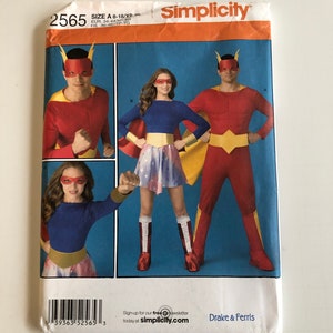 May include: Simplicity sewing pattern number 2565 for a superhero costume. The pattern includes instructions for making a red and yellow costume, a blue and yellow costume, and a red and yellow mask. The pattern is for sizes 8-18/X-S, EUR 34-44/XP, FR 36-46/TP-TG.