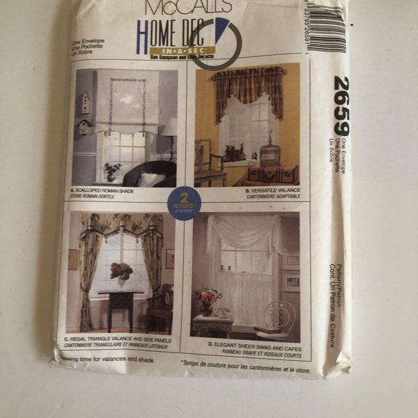 McCall’s 2659 Uncut “Home Dec in a Sec” Pattern. Scalloped Roman Shade, Versatile Valance,Triangle Valance and Panels,Sheer Swag and Cafes