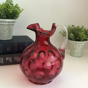Vintage Fenton Cranberry Glass Coin Dot Ruffle Pitcher