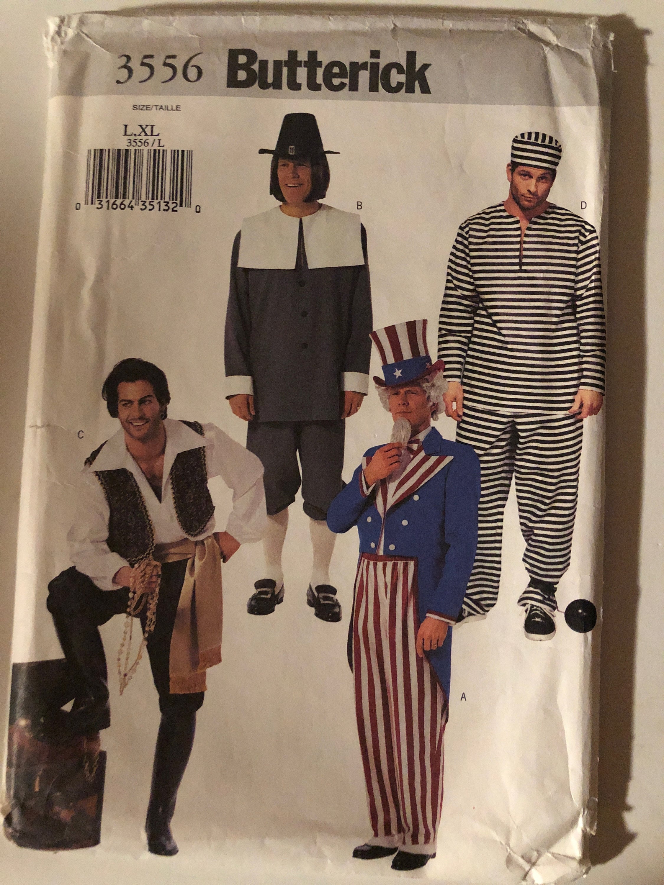 Butterick 3556 Uncut Costume Pattern. Size Lg, XLg. Pilgrim, Pirate, Uncle Sam, Convict