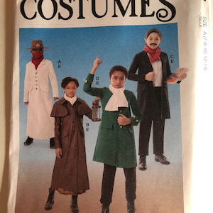 May include: McCall's Costumes sewing pattern featuring four costume designs. The costumes include a white coat with a cowboy hat, a brown coat, a green coat, and a black coat. The pattern size is A (7-8-10-12-14).