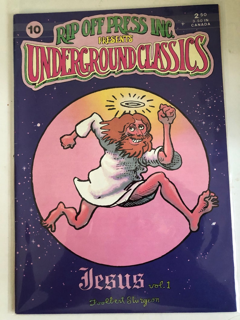 May include: A comic book cover featuring a cartoon illustration of Jesus running with a halo above his head. The cover is pink and purple with stars and the title "Jesus vol. 1" by Foolbert Sturgeon.