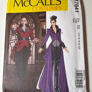 May include: McCall's Costumes sewing pattern M7641, size E5 (14-16-18-20-22). The envelope features illustrations of two costume designs: a red jacket with a high-low hem and black pants, and a purple long-tailed coat with black pants and cuffs.