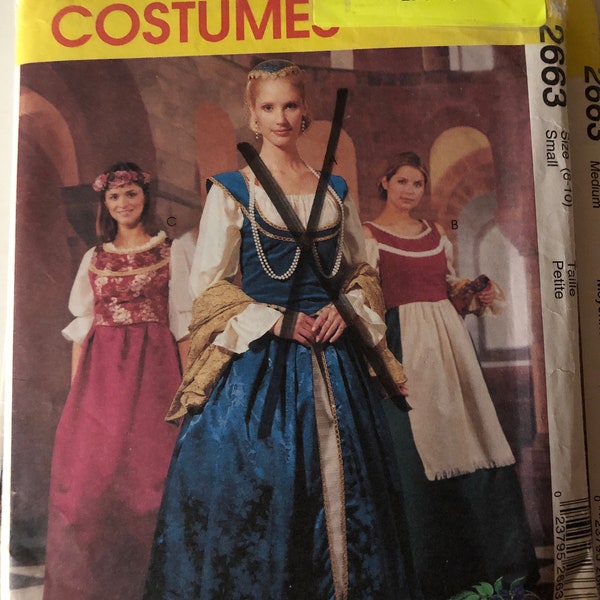 McCall’s 2663 Uncut Costume Pattern. Medieval Gown, Overdress, Overbodice, Snood and Shawl. Misses Sizes Sm(8-10), OR Med (12-14).