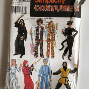 May include: A Simplicity pattern for making costumes. The pattern includes instructions for making a variety of costumes, including a ghost, a hippie, a cat, a wizard, a ninja, and a doctor. The pattern is printed on a white background with black text and illustrations.