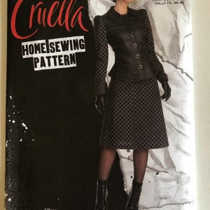 May include: A black and white sewing pattern for a Cruella de Vil costume. The pattern is for sizes 6-14, 32-40, and 34-42. The pattern includes a jacket and skirt.
