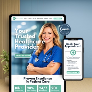 Könnte beinhalten: Digitale Werbung für einen Gesundheitsdienstleister, die auf einem Tablet und Smartphone angezeigt wird. Das Tablet zeigt eine lächelnde Frau in blauer Arbeitskleidung mit dem Text "Ihr vertrauenswürdiger Gesundheitsdienstleister". Das Smartphone zeigt Informationen zur Terminbuchung.