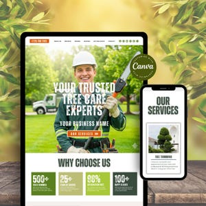 Webbmall för trädvårdstjänster i Canva för trädfällning, trädfällning, beskärning, stubbfräsning, webbplatsmall för arboristtjänster