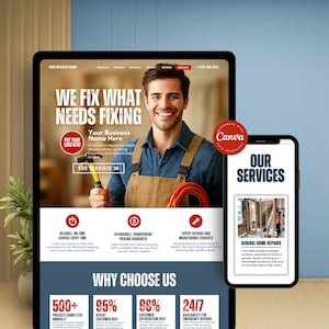 May include: A digital display and smartphone showcasing a home repair service advertisement. The main display features a smiling man holding tools, with text reading "WE FIX WHAT NEEDS FIXING." The smartphone displays "OUR SERVICES."