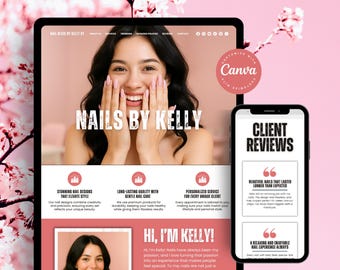 Nail Tech Website Template Pink, Nail Salon Website, Nail Tech Booking Site Template, Elegant One-Page Canva Website Sales Page Template