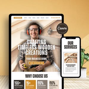 Puede incluir: Un diseño de sitio web en una tableta y un teléfono inteligente que promociona servicios de carpintería. La tableta muestra a un hombre sonriente con gafas de seguridad y el texto "Crafting Timeless Wooden Creations". El teléfono muestra "Our Services".
