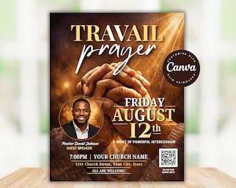 Travail Prayer Flyer Template Canva, Church Event Flyer, Spiritual Service, Christian Worship, Prayer Event, Spiritual Gathering, Editable