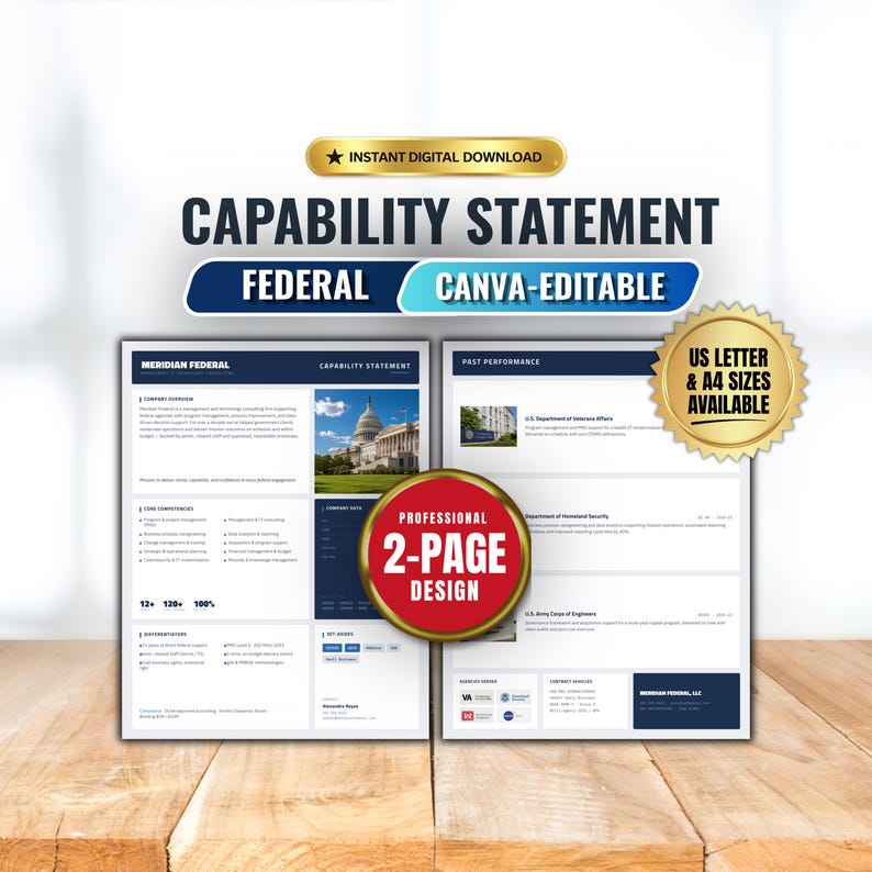 Capability Statement Template Canva | Government & Federal Capability Statement | Small Business Contractor Company Profile Editable

federal capability
government capability
federal government
capability statement
company profile
capability canva
capability design
consultant template
contractor template
rfp proposal
capability template
capability doc
professional profile