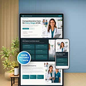 Puede incluir: Una plantilla de sitio web digital para Willowbrook Family Health mostrada en un monitor grande y una pantalla de teléfono inteligente. El diseño presenta profesionales médicos con batas blancas, barras de navegación azul verdoso oscuro y secciones de texto tituladas Comprehensive Care for Every Stage of Life y Why Patients Trust. Una insignia azul circular indica 100% Editable in Canva.