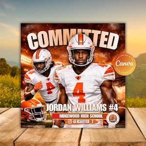 Op de afbeelding: Een digitale afbeelding met twee American football-spelers in witte en oranje uniformen. Het woord "COMMITTED" staat bovenaan. De tekst "JORDAN WILLIAMS #4" en "RIDGEWOOD HIGH SCHOOL" worden eronder weergegeven, samen met een social media-handle.