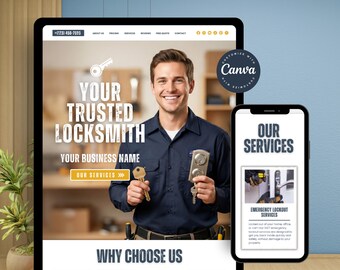 Puede incluir: Anuncio digital para un servicio de cerrajería. La imagen principal muestra a un hombre sonriente sosteniendo llaves y una cerradura. El texto incluye "Su cerrajero de confianza", "Nuestros servicios" e información de contacto. Un teléfono muestra "Nuestros servicios" y "Servicios de cierre de emergencia".