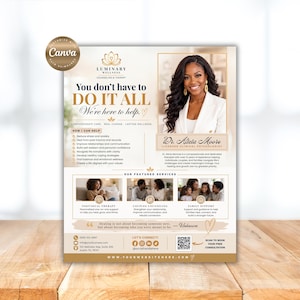 Può includere: Un volantino promozionale per Luminary Wellness Counseling & Therapy. Il volantino presenta una foto della Dr.ssa Alicia Moore, psicologa clinica autorizzata. Il testo include "You don't have to do it all, we're here to help."