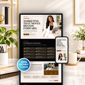Può includere: Un modello di sito web digitale visualizzato su un grande monitor e sullo schermo di uno smartphone. Il layout presenta un tema di marketing professionale con il testo "Marketing That Moves Brands Forward", una fotografia di una persona e un badge circolare blu con la scritta "100% Editable in Canva".