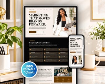 May include: A digital website template design displayed on a large monitor and a smartphone screen. The layout features a professional marketing theme with the text "Marketing That Moves Brands Forward," a photograph of a person, and a blue circular badge stating "100% Editable in Canva."