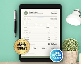 Minimalist Pay Stub Template Canva | Editable Paycheck Stub | Payroll Earnings Statement | Proof of Income Form | Printable Pay Slip