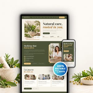 May include: A digital website template for Rootwell Naturopathic Medicine displayed on a desktop monitor and smartphone screen, featuring green and cream color schemes, herbal imagery, and a circular badge stating 100% Editable in Canva.