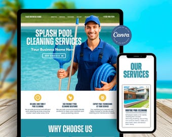 Pool Cleaning Website Template – Canva Landing Page for Pool Cleaner, Pool Services, Pool Maintenance, Pool Care, Pool Company, Pool Repair