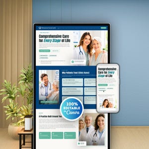 Puede incluir: Una plantilla de sitio web digital para Willowbrook Family Health mostrada en un monitor grande y una pantalla de teléfono. El diseño incluye profesionales médicos, encabezados, botones de cita y una insignia circular 100% Editable in Canva.