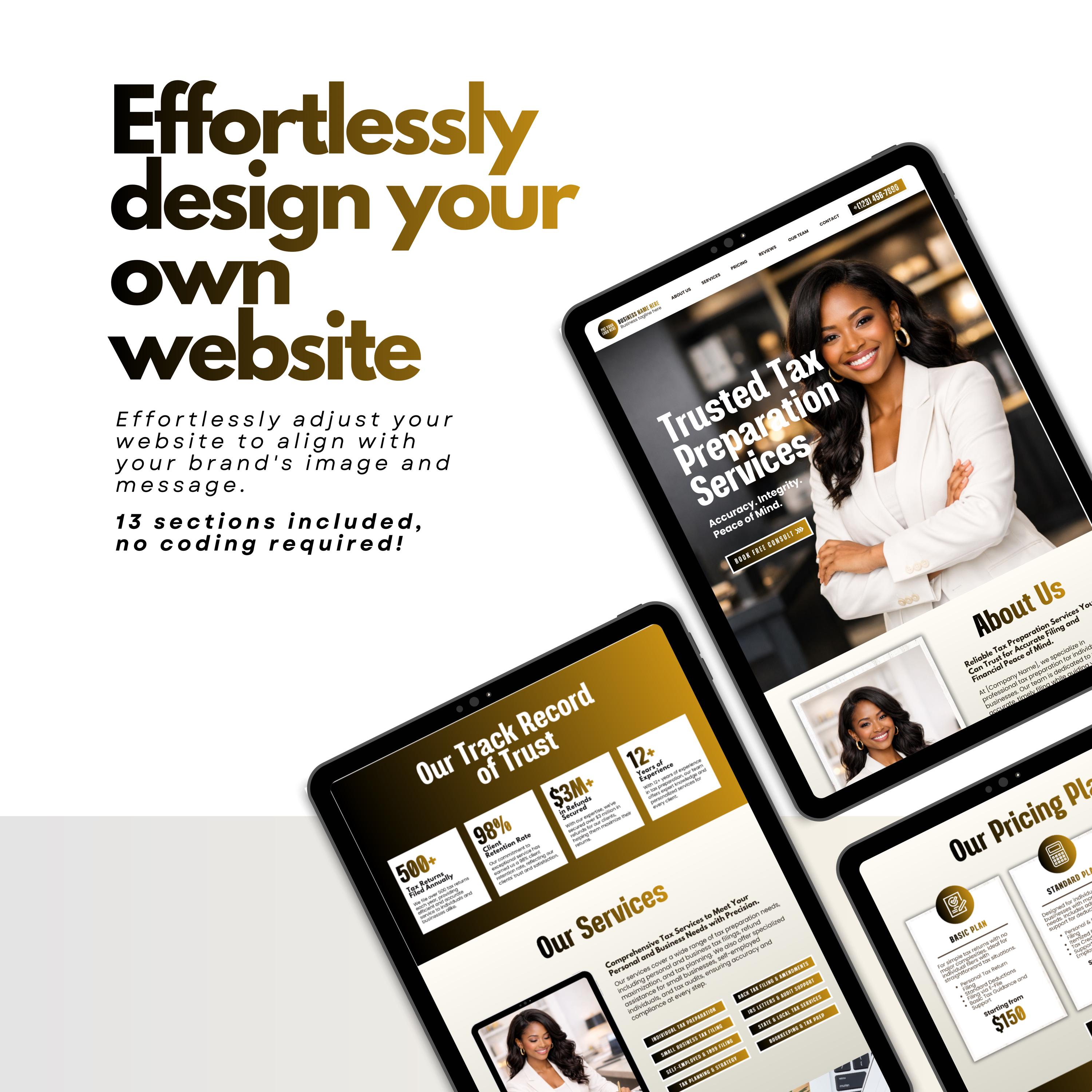 Tax Preparer Website Template Black Gold, Tax Website Template Canva